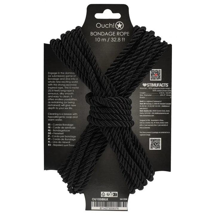 OUCH! Nylon Bondage Rope 10m in Black, back of the display card with care text and barcode