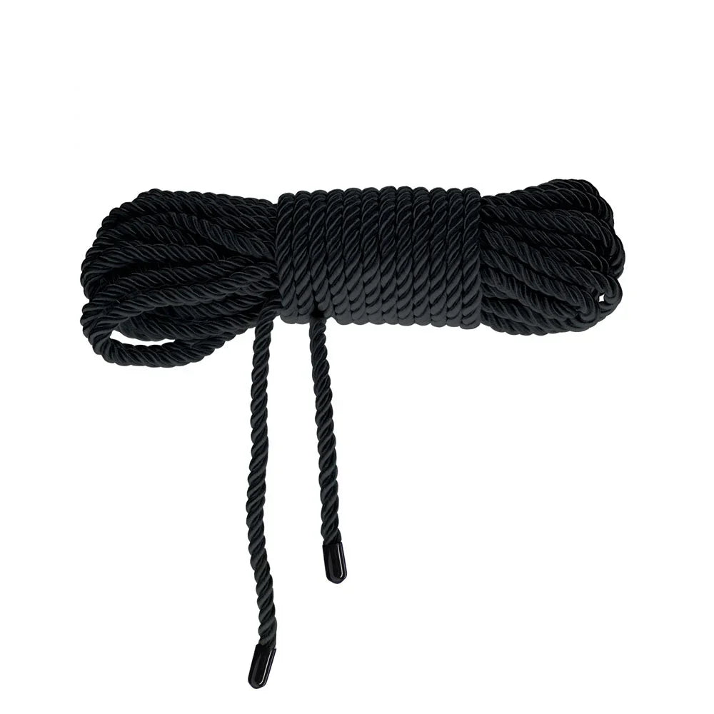 OUCH! Nylon Bondage Rope 10m in Black, neat coiled bundle on white showing the whipped ends