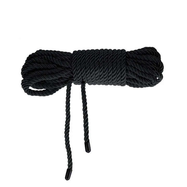 OUCH! Nylon Bondage Rope 10m in Black, neat coiled bundle on white showing the whipped ends