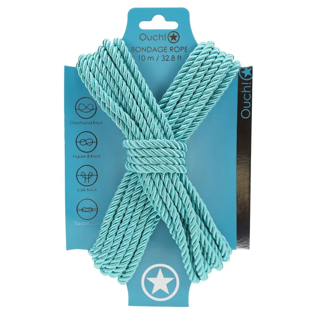 OUCH! Nylon Bondage Rope 10m in Blue, aqua rope wound on its blue display card with knot icons
