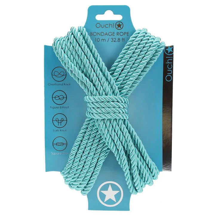 OUCH! Nylon Bondage Rope 10m in Blue, aqua rope wound on its blue display card with knot icons