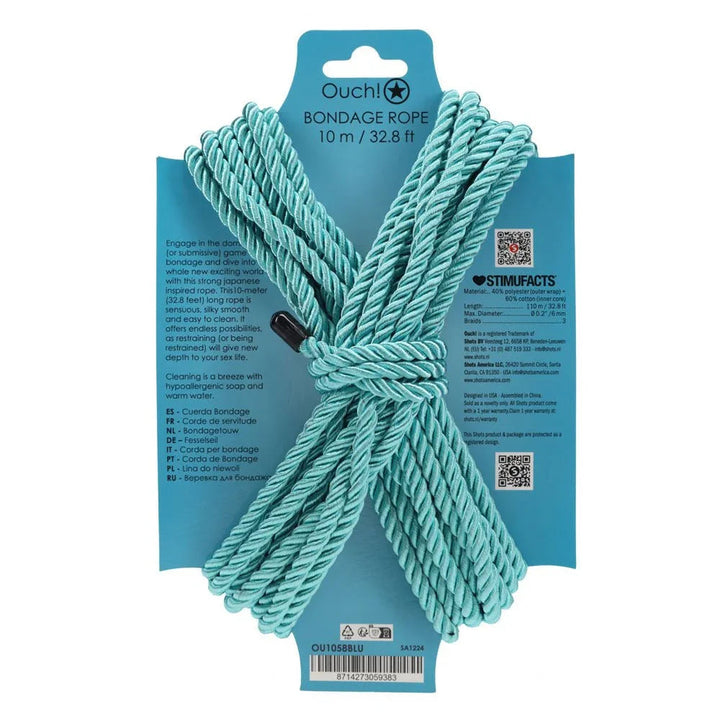 OUCH! Nylon Bondage Rope 10m in Blue, back of the blue display card with care text and barcode