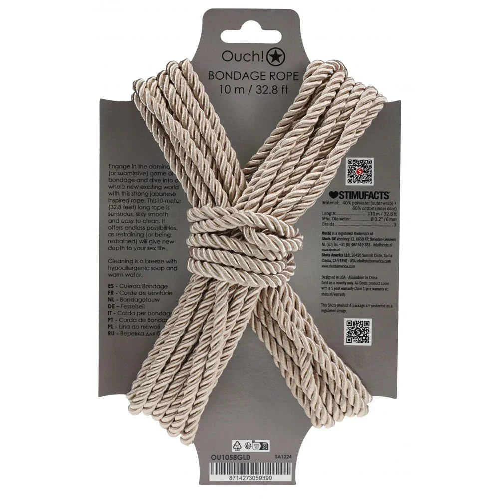 OUCH! Nylon Bondage Rope 10m in Gold, back of the grey display card with care text and barcode