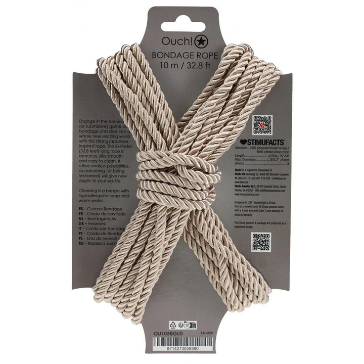 OUCH! Nylon Bondage Rope 10m in Gold, back of the grey display card with care text and barcode