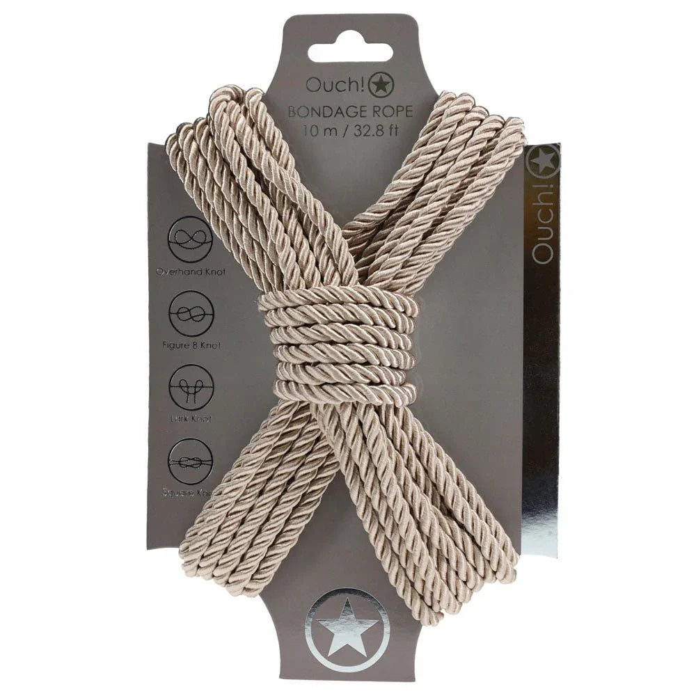 OUCH! Nylon Bondage Rope 10m in Gold, champagne rope wound on its grey display card