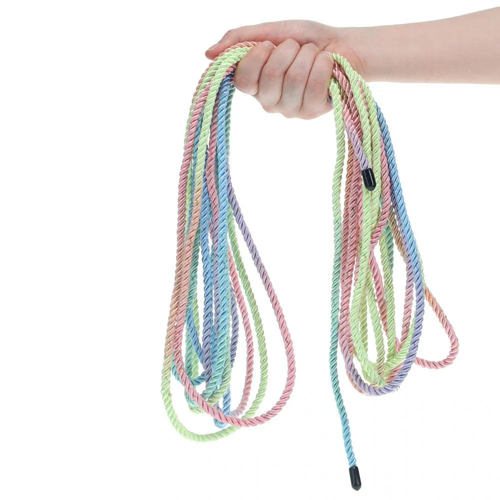 OUCH! Nylon Bondage Rope 10m in Multicolour, held up with the pastel loops hanging free