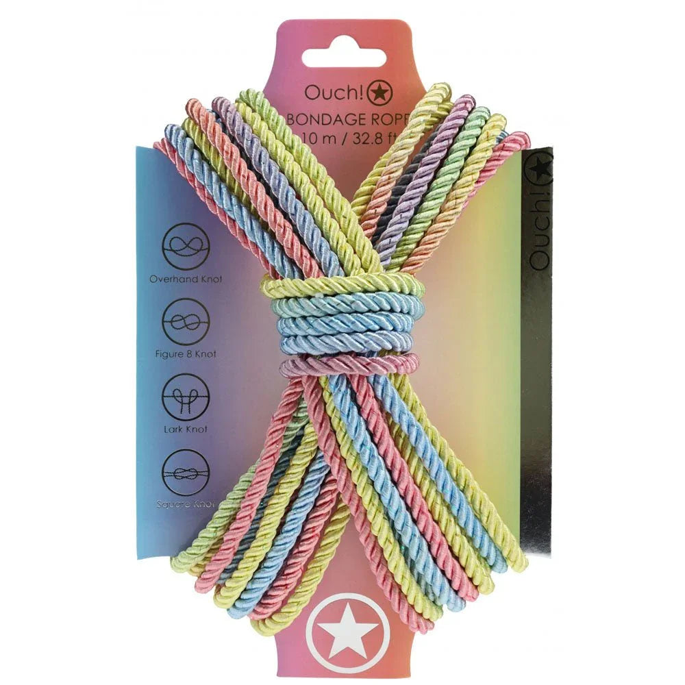 OUCH! Nylon Bondage Rope 10m in Multicolour, pastel rainbow rope on its gradient display card