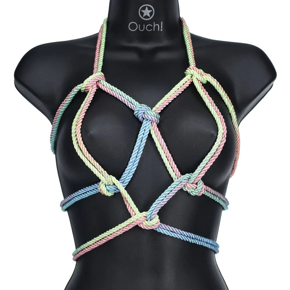 OUCH! Nylon Bondage Rope 10m in Multicolour, pastel harness tied on a black mannequin