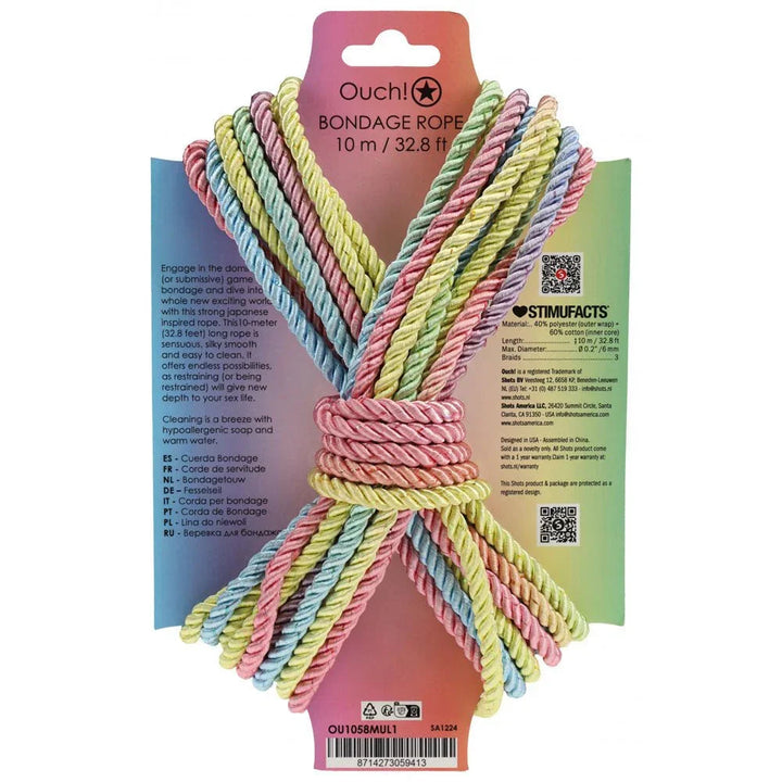 OUCH! Nylon Bondage Rope 10m in Multicolour, back of the rainbow display card with care text