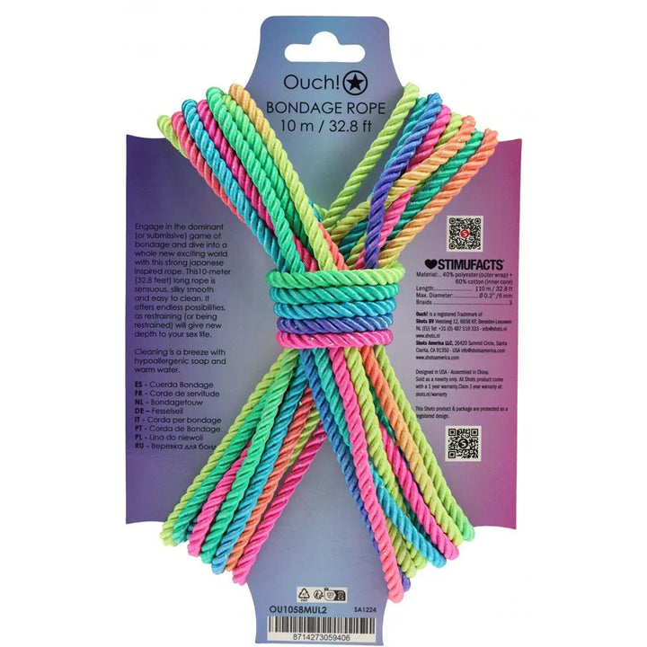 OUCH! Bondage Rope - 10 M - Multicolour 2 - Multicoloured Nylon Bondage Rope - 10 metre Length – Sex toys NZ by Naughtyhut. Discreet delivery nationwide.
