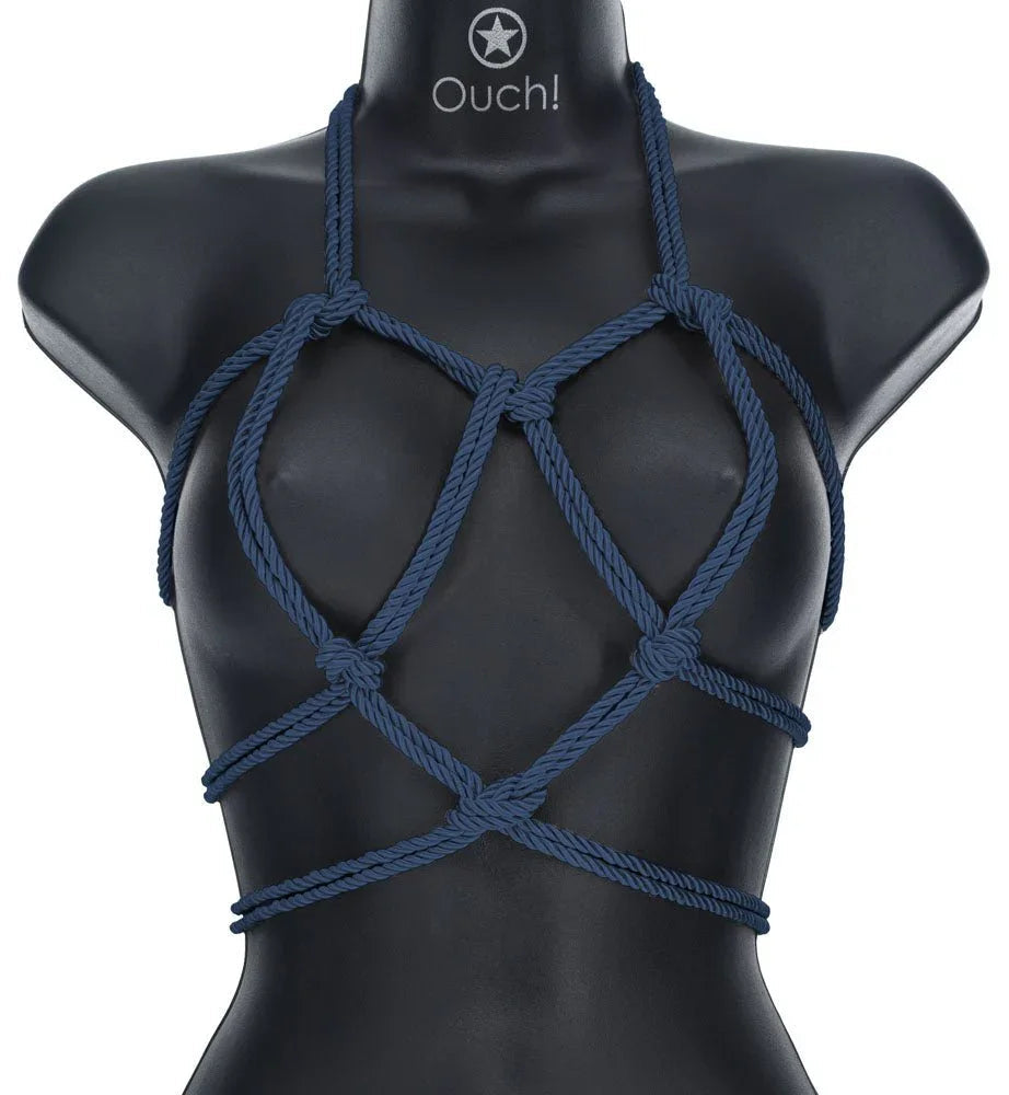 OUCH! Nylon Bondage Rope 10m in Navy Blue, tied as a diamond chest harness on a black mannequin