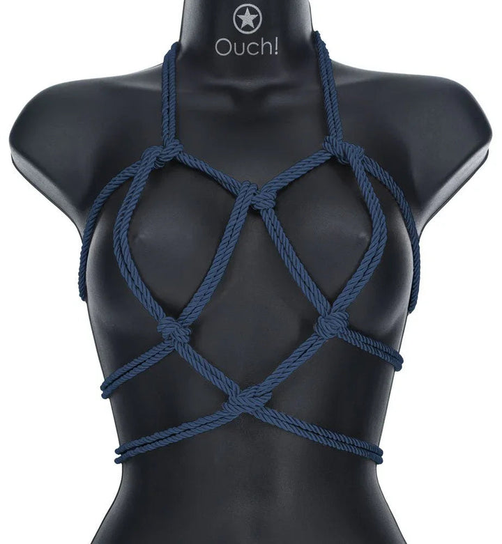 OUCH! Nylon Bondage Rope 10m in Navy Blue, tied as a diamond chest harness on a black mannequin