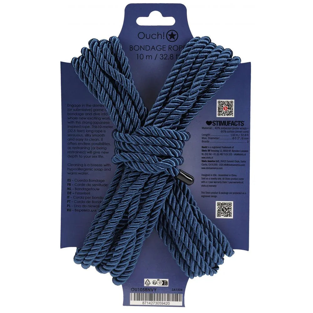 OUCH! Nylon Bondage Rope 10m in Navy Blue, back of the navy display card with care text and barcode