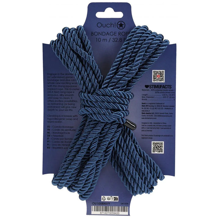 OUCH! Nylon Bondage Rope 10m in Navy Blue, back of the navy display card with care text and barcode