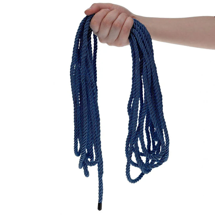 OUCH! Nylon Bondage Rope 10m in Navy Blue, held up with the navy loops hanging free
