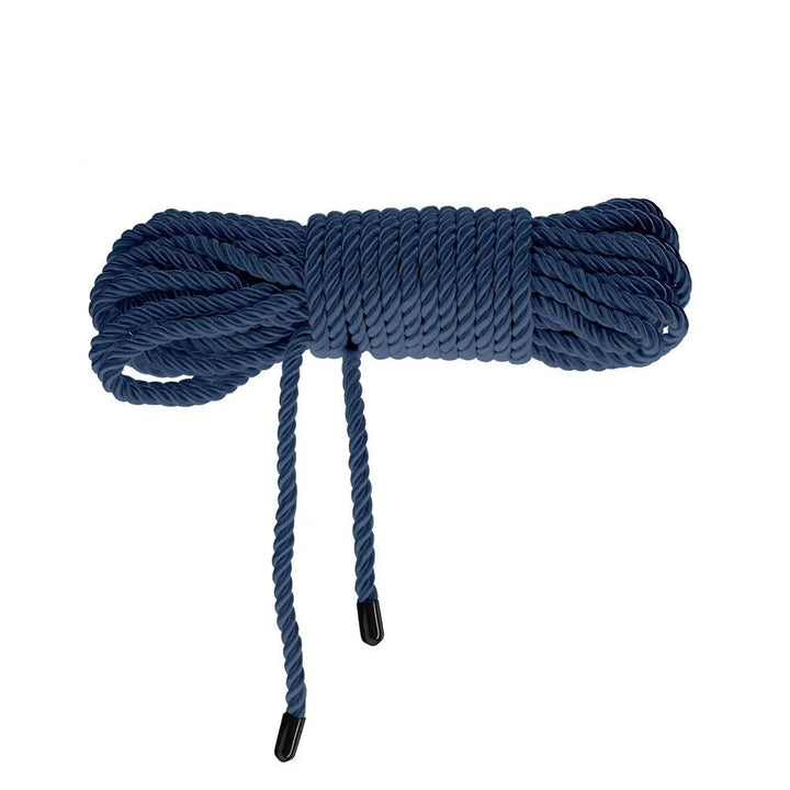 OUCH! Nylon Bondage Rope 10m in Navy Blue, coiled bundle on white showing the black whipped ends
