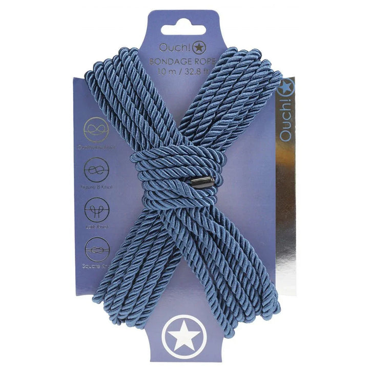 OUCH! Nylon Bondage Rope 10m in Navy Blue, rope wound on its deep blue display card