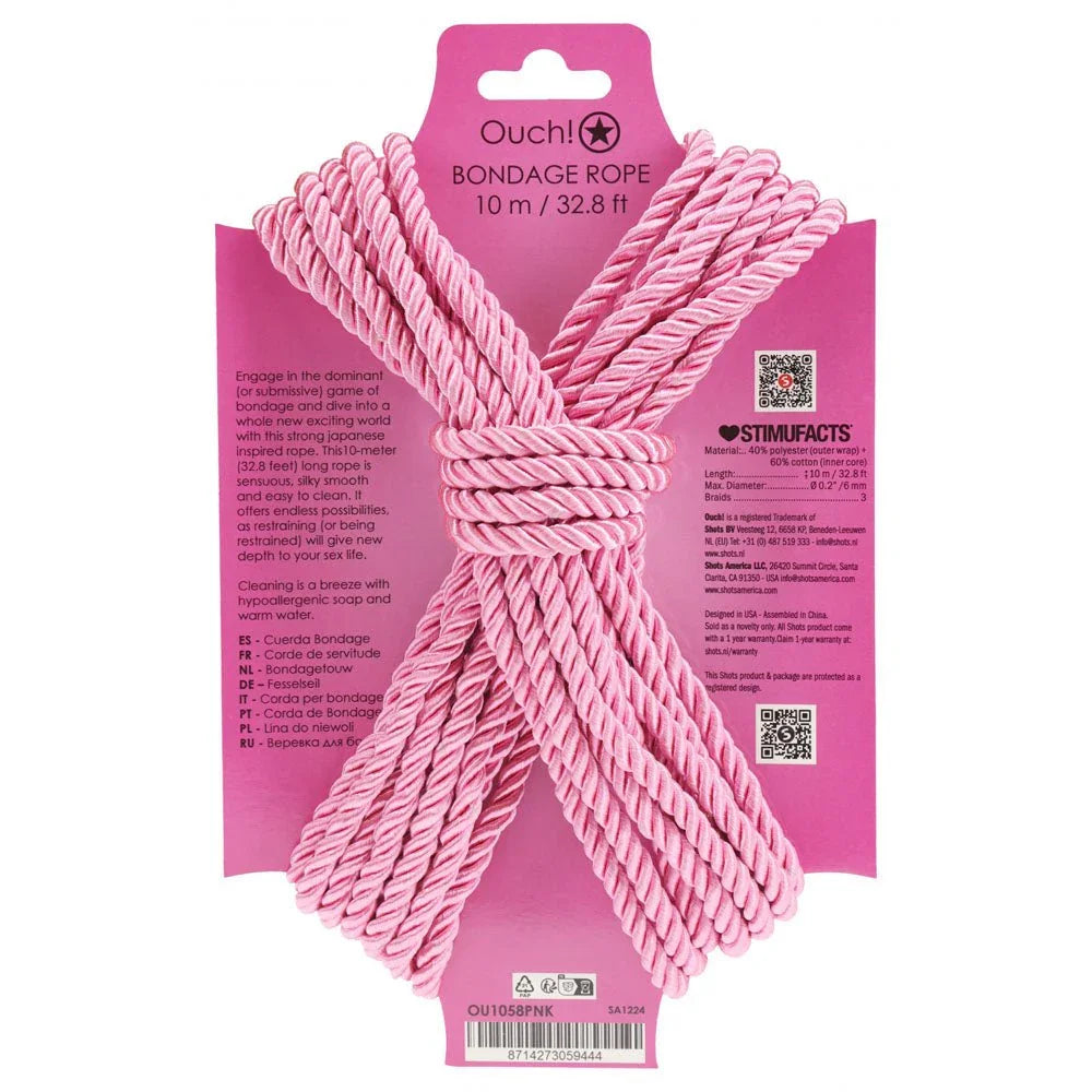 OUCH! Nylon Bondage Rope 10m in Pink, back of the pink display card with care text and barcode