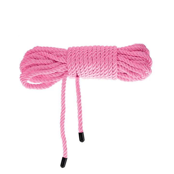 OUCH! Nylon Bondage Rope 10m in Pink, coiled bundle on white showing the black whipped ends