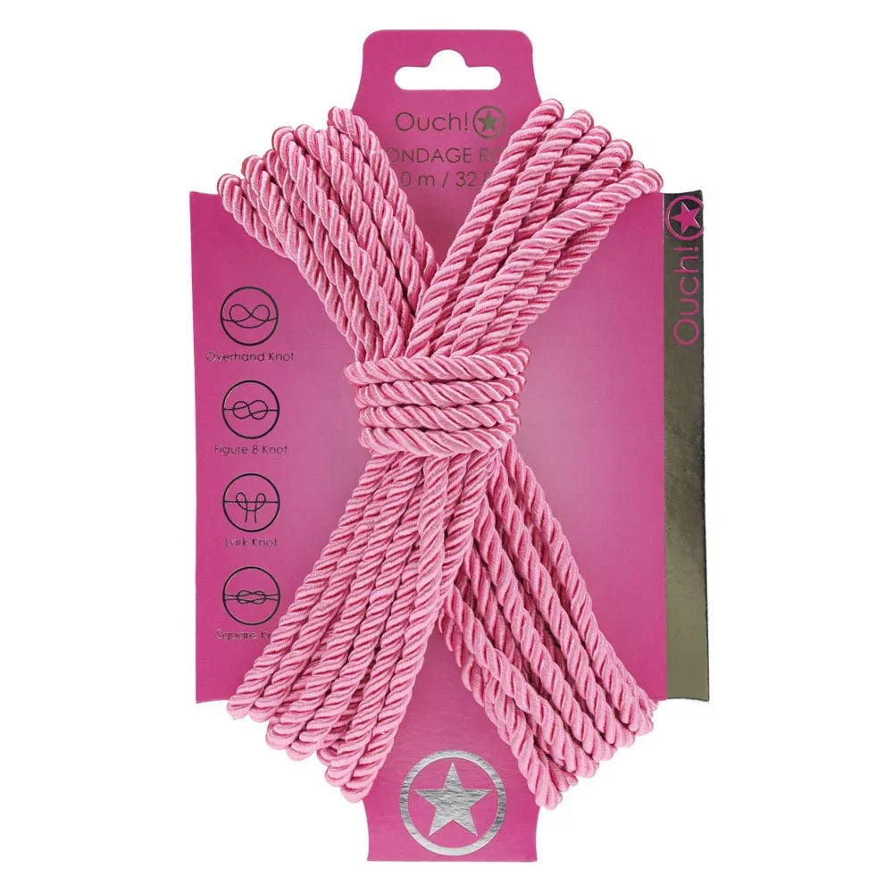OUCH! Nylon Bondage Rope 10m in Pink, rope wound on its pink display card with knot icons