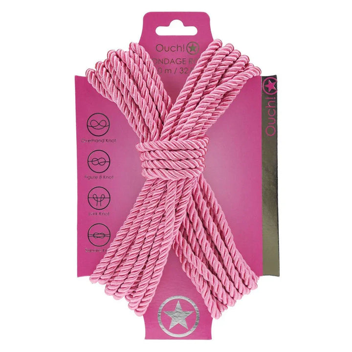 OUCH! Nylon Bondage Rope 10m in Pink, rope wound on its pink display card with knot icons