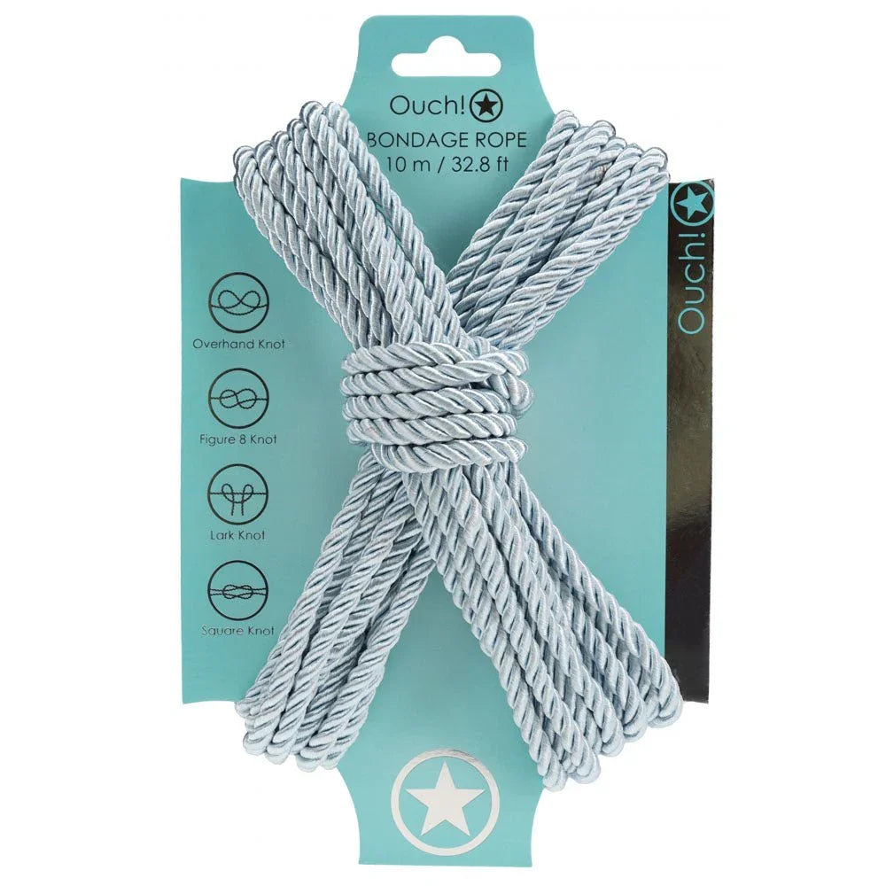 OUCH! Nylon Bondage Rope 10m in Powder Blue, pale blue rope wound on its aqua display card