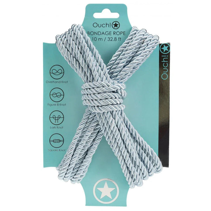 OUCH! Nylon Bondage Rope 10m in Powder Blue, pale blue rope wound on its aqua display card