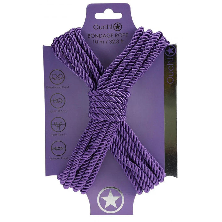 OUCH! Nylon Bondage Rope 10m in Purple, rope wound on its purple display card with knot icons