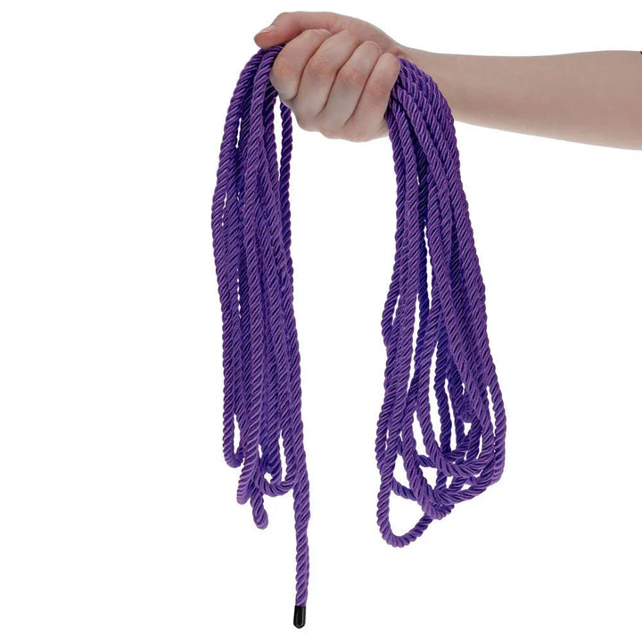 OUCH! Nylon Bondage Rope 10m in Purple, held up with the purple loops hanging free