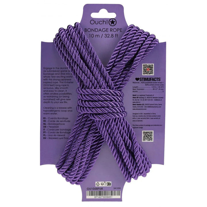 OUCH! Nylon Bondage Rope 10m in Purple, back of the purple display card with care text and barcode