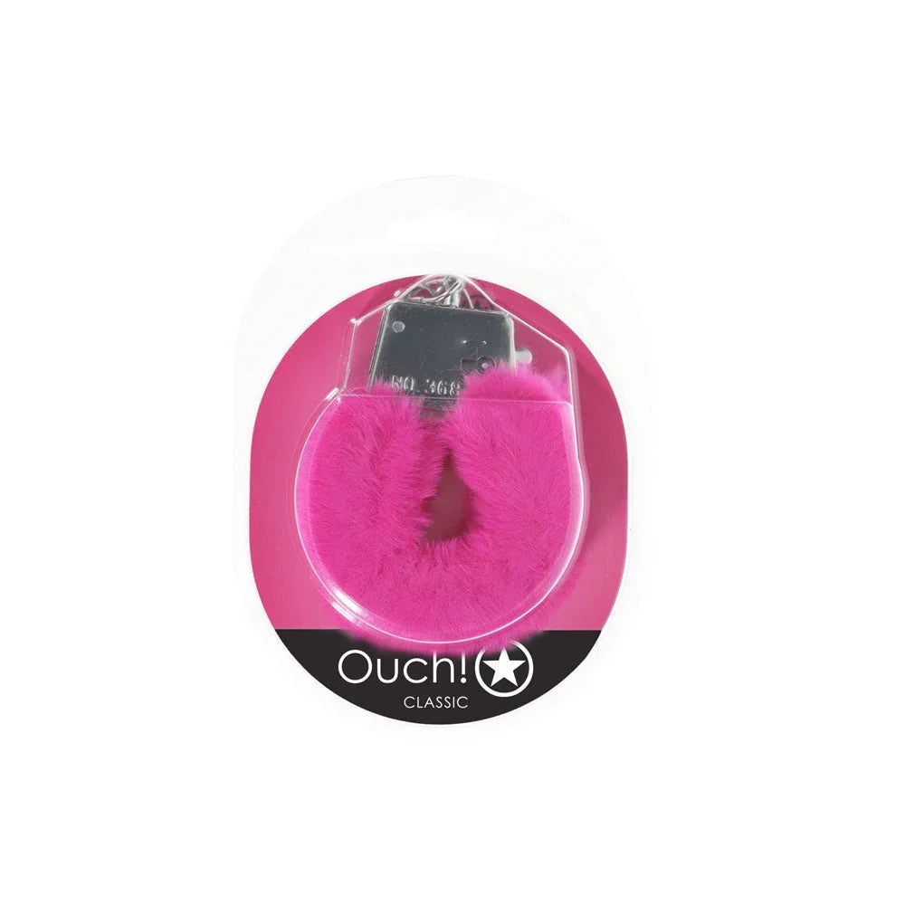OUCH! Classic Fluffy Handcuffs in Pink, the cuffs sealed in the pink Ouch! Classic blister pack