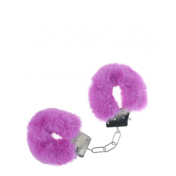 OUCH! Classic Fluffy Handcuffs in Purple, purple fur-covered metal cuffs joined by a chain