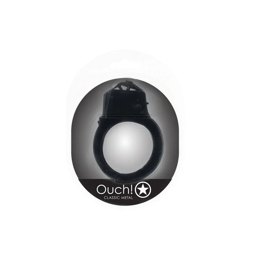 OUCH! Classic Metal Handcuffs in Black, the black cuffs sealed in the Ouch! Classic Metal pack