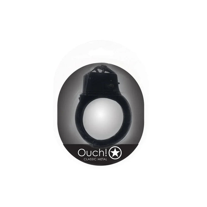 OUCH! Classic Metal Handcuffs in Black, the black cuffs sealed in the Ouch! Classic Metal pack