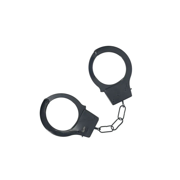 OUCH! Classic Metal Handcuffs in Black, black powder-coated cuffs open with the chain between them