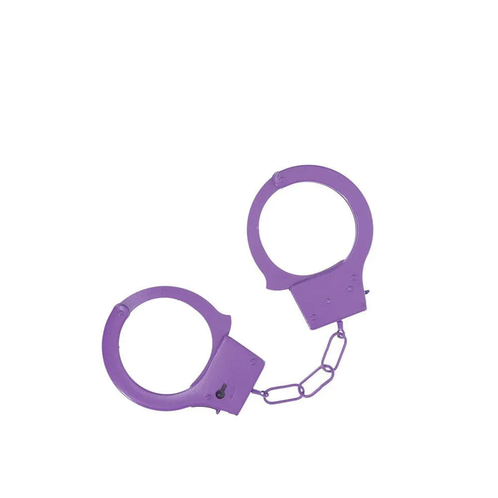 OUCH! Classic Metal Handcuffs in Purple, purple powder-coated cuffs open with the chain between them