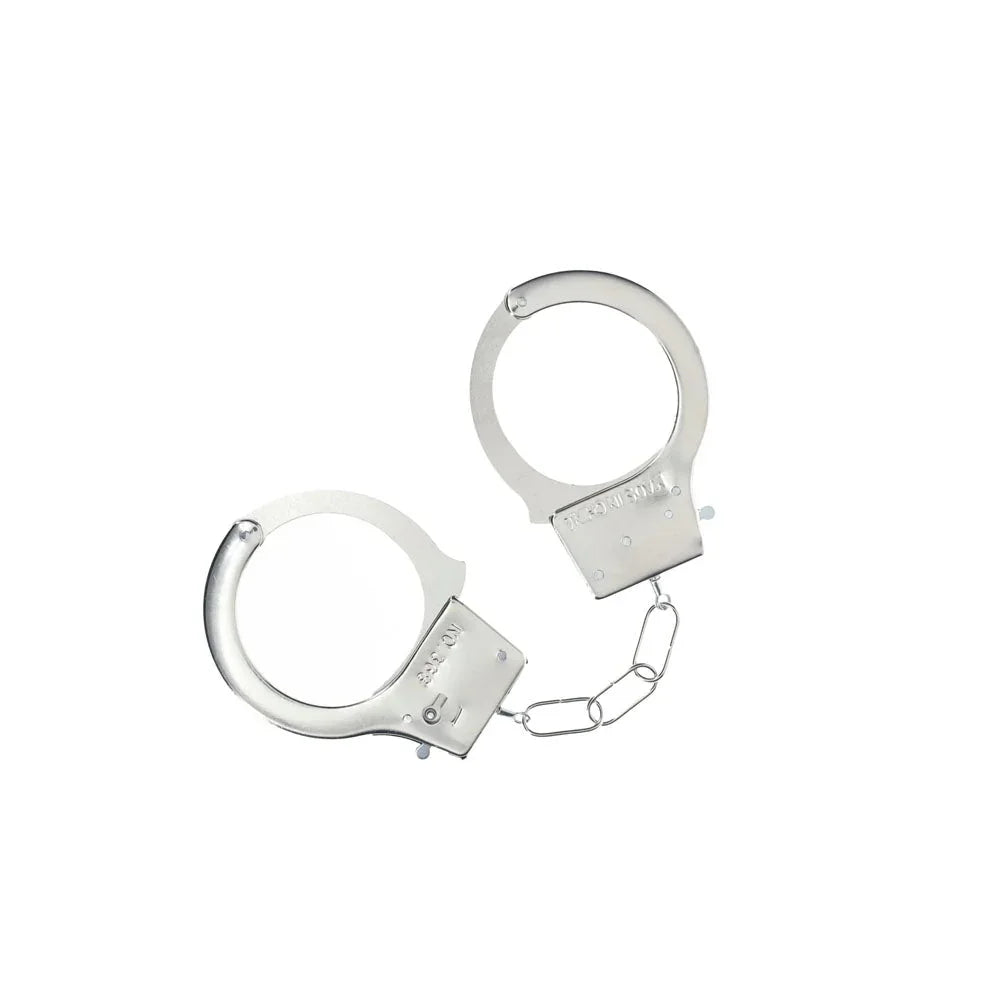 OUCH! Classic Metal Handcuffs in Silver, bare steel cuffs open with the chain between them