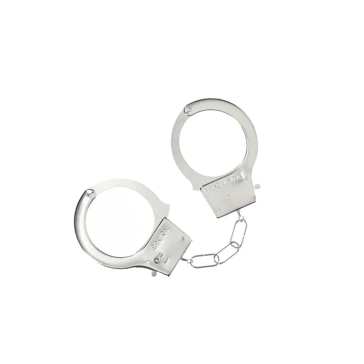 OUCH! Classic Metal Handcuffs in Silver, bare steel cuffs open with the chain between them