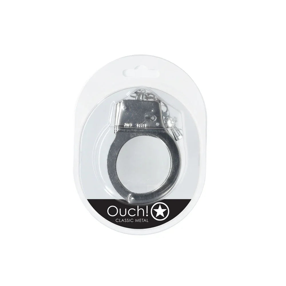 OUCH! Classic Metal Handcuffs in Silver, the steel cuffs sealed in the Ouch! Classic Metal pack