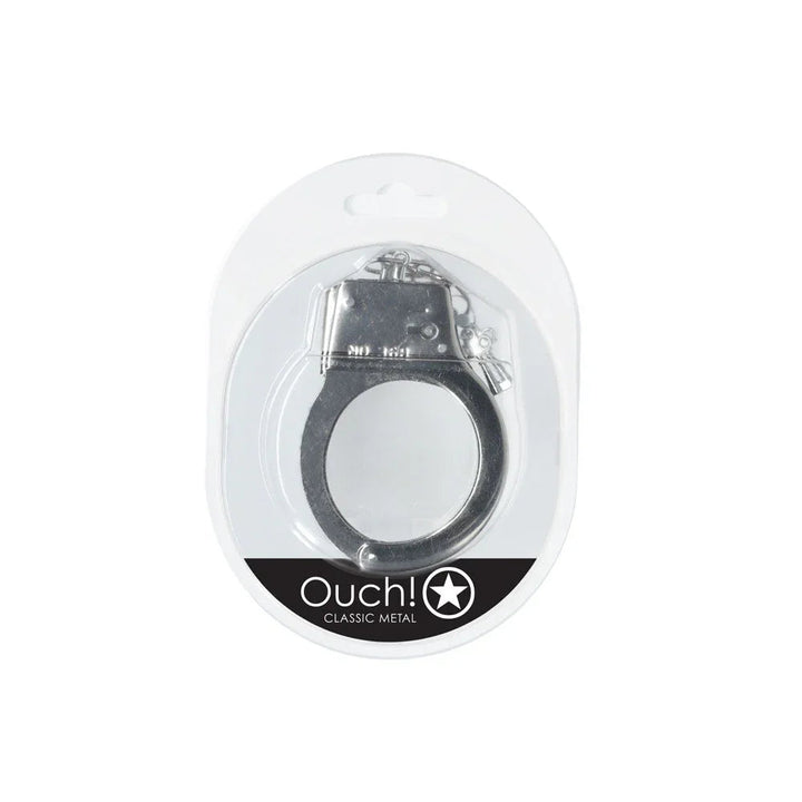OUCH! Classic Metal Handcuffs in Silver, the steel cuffs sealed in the Ouch! Classic Metal pack