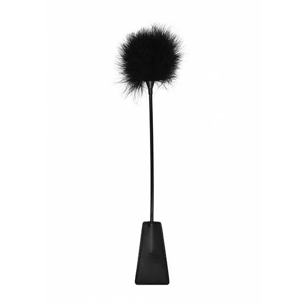 OUCH! Crop with Feather in Black, riding crop upright showing the feather tip and leather slapper