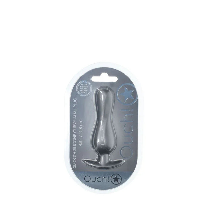 OUCH! Curvy Metal Anal Plug in Gunmetal, front of the sealed Ouch! blister pack