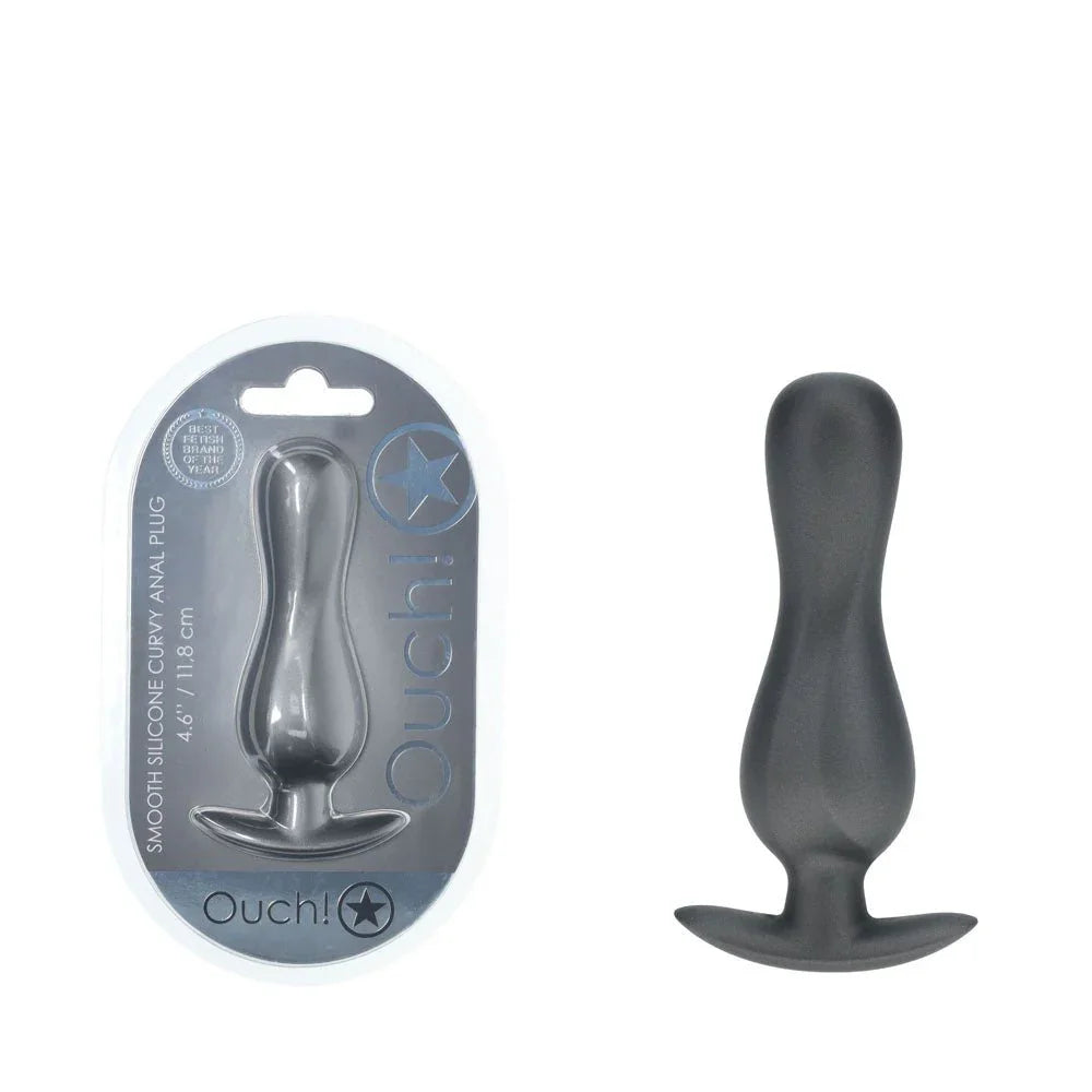 OUCH! Curvy Metal Anal Plug in Gunmetal, blister pack beside the curved plug with flared base