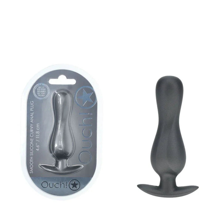 OUCH! Curvy Metal Anal Plug in Gunmetal, blister pack beside the curved plug with flared base