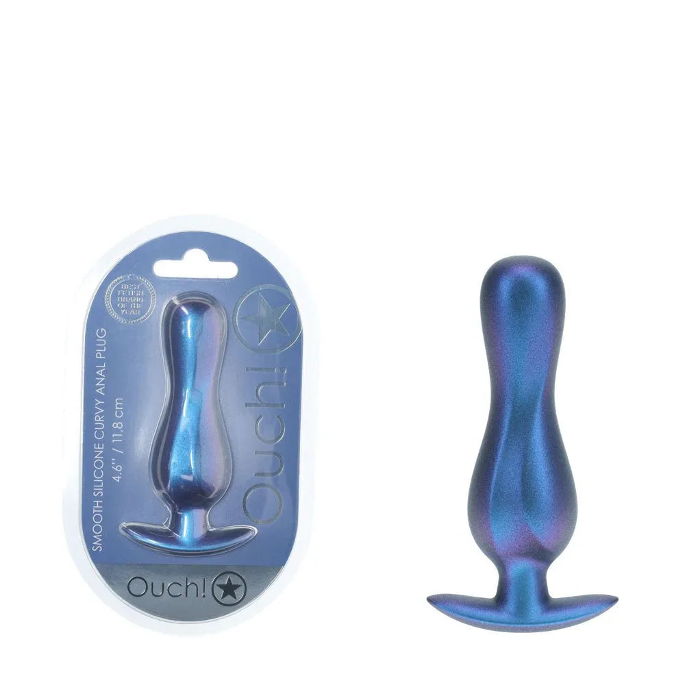 OUCH! Curvy Metal Anal Plug in Metallic Blue, blister pack beside the curved plug with flared base