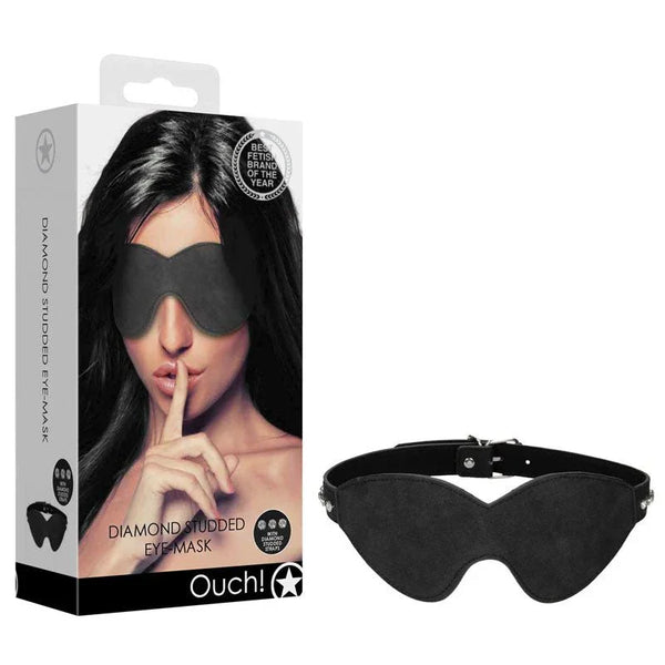 OUCH! Diamond Studded Blindfold Eye Mask in Black, retail box beside the padded mask and buckle strap