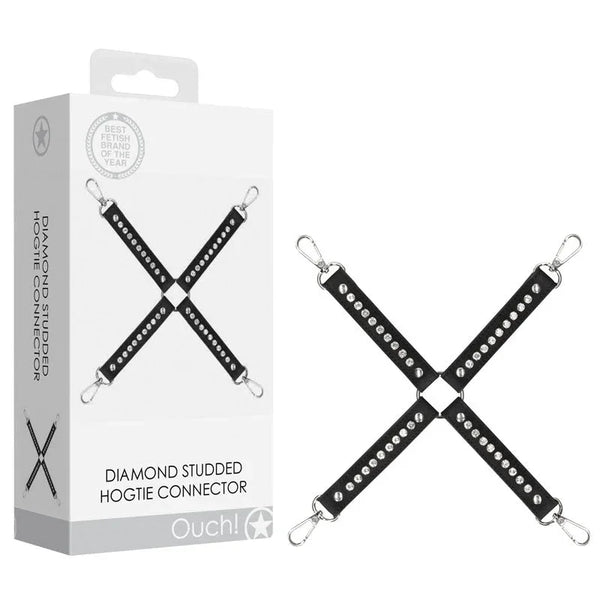 OUCH! Diamond Studded Hogtie Restraint in Black, retail box beside the studded X-frame and its four clips