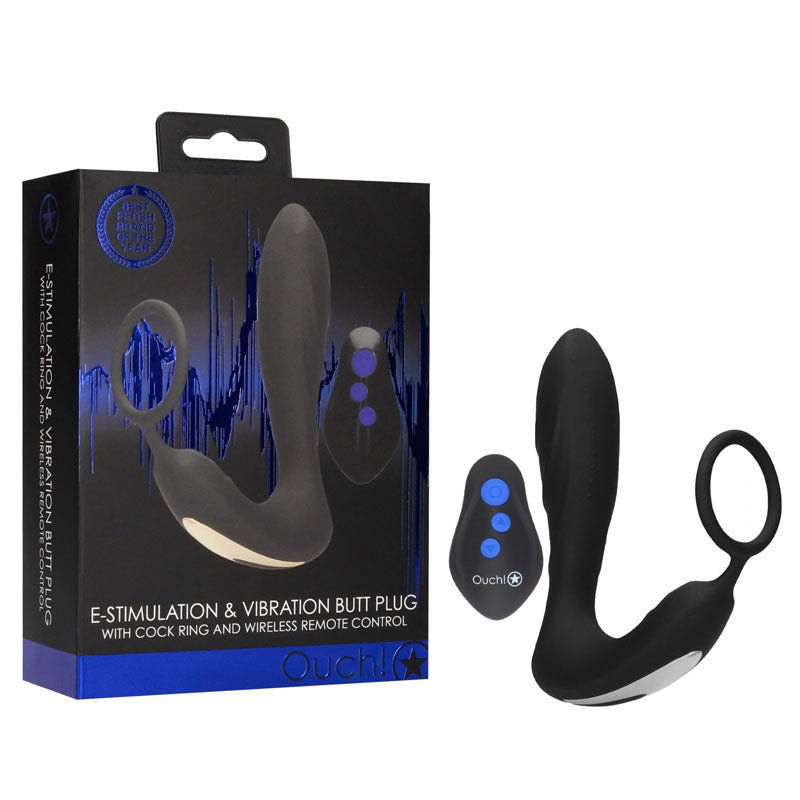 Buy OUCH! E - stim & Vibrating Butt Plug Cock Ring - Black USB Rechargeable Vibrating Butt Plug & Cock Ring with e - Stim – Naughtyhut NZ sex toys online. Discreet delivery & top brands.