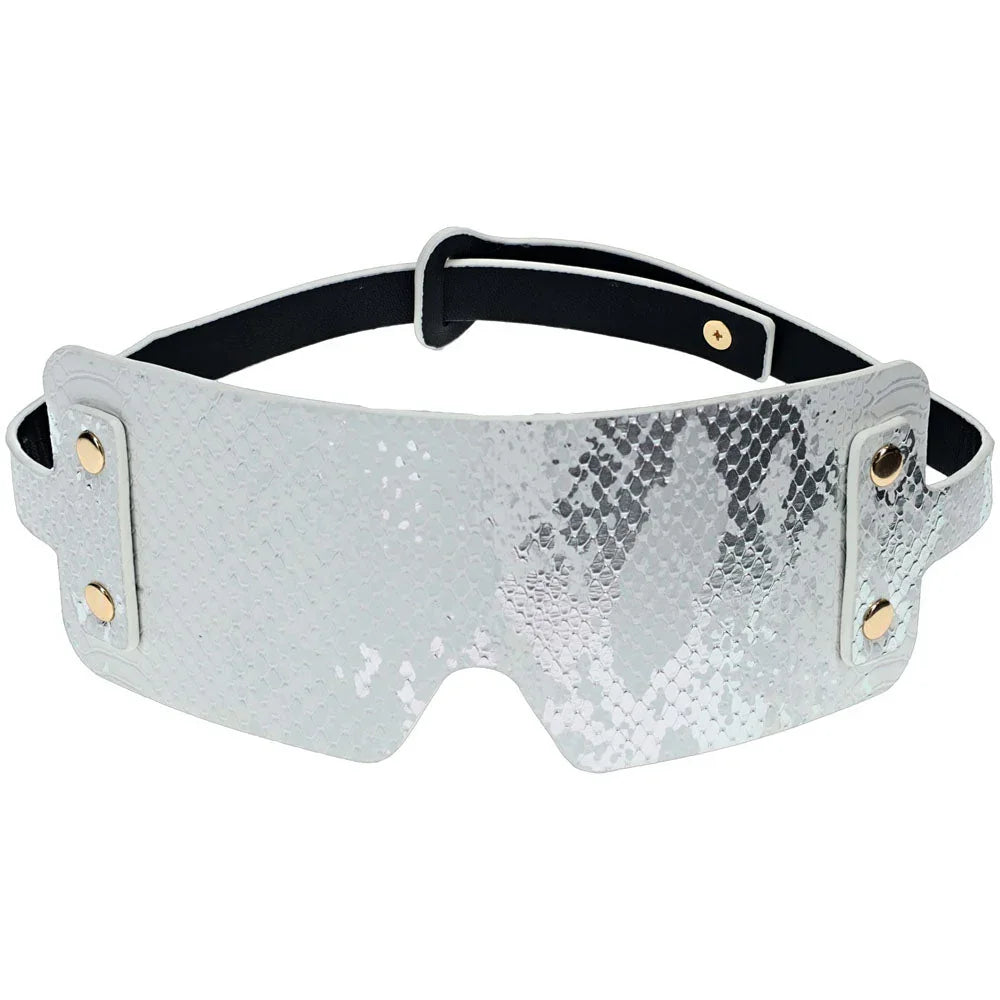 OUCH! Florence Blindfold Eye Mask in White, white snake-print mask with gold studs and strap