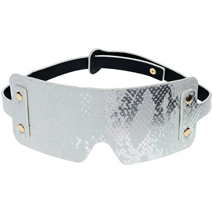 OUCH! Florence Blindfold Eye Mask in White, white snake-print mask with gold studs and strap